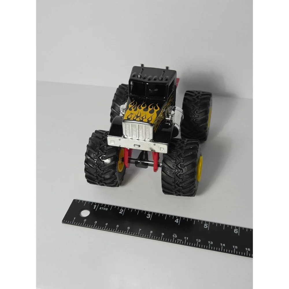 New-Ray Peterbilt Monster Truck Black with Yellow Flames Diecast Toy 5 Inch